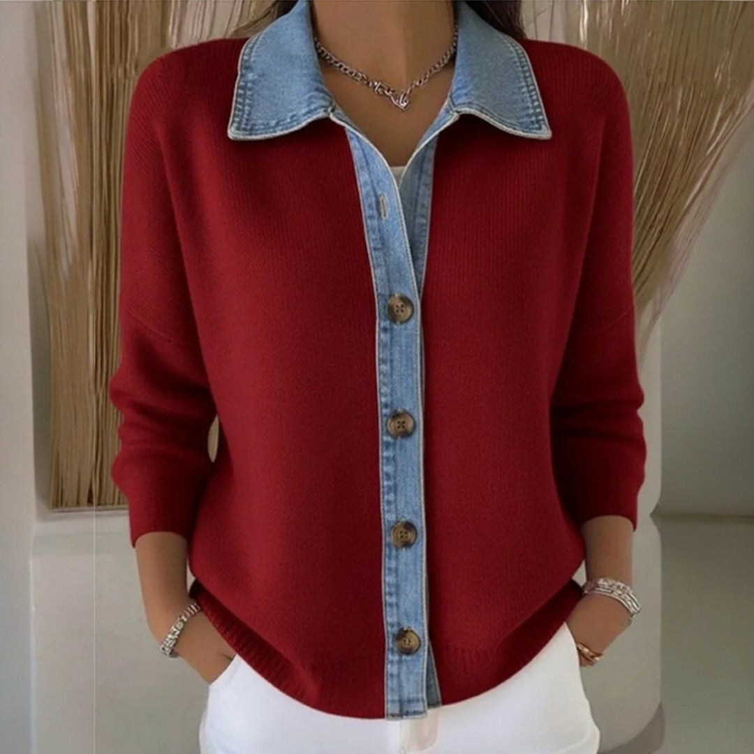 Marijke - Gebreide trui met denim kraag