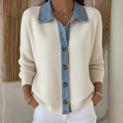 Marijke - Gebreide trui met denim kraag