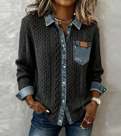 Esther - Patchwork gebreide top met denim details