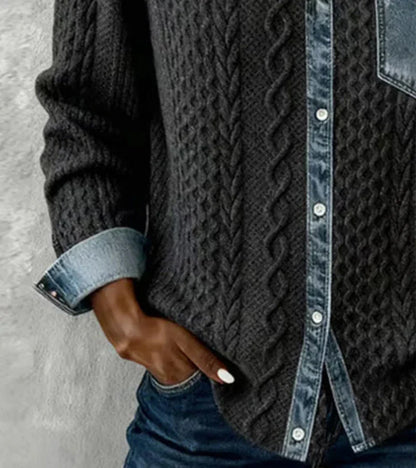 Esther - Patchwork gebreide top met denim details