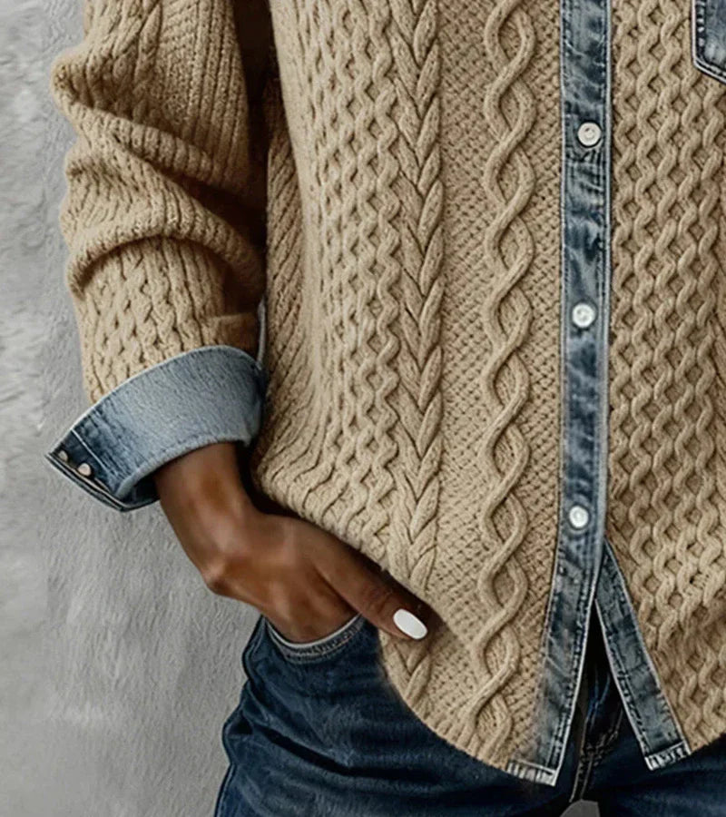 Esther - Patchwork gebreide top met denim details