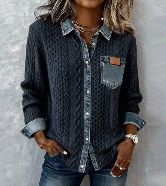 Esther - Patchwork gebreide top met denim details